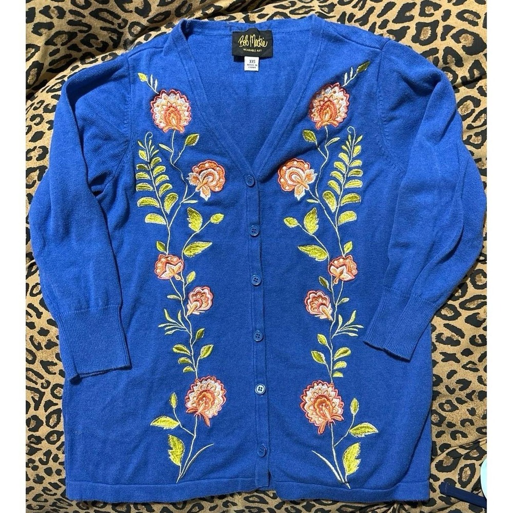 Bob Mackie Wearable Art Blue 3/4 Sleeve Embroidered Flowers Cardigan, XXS